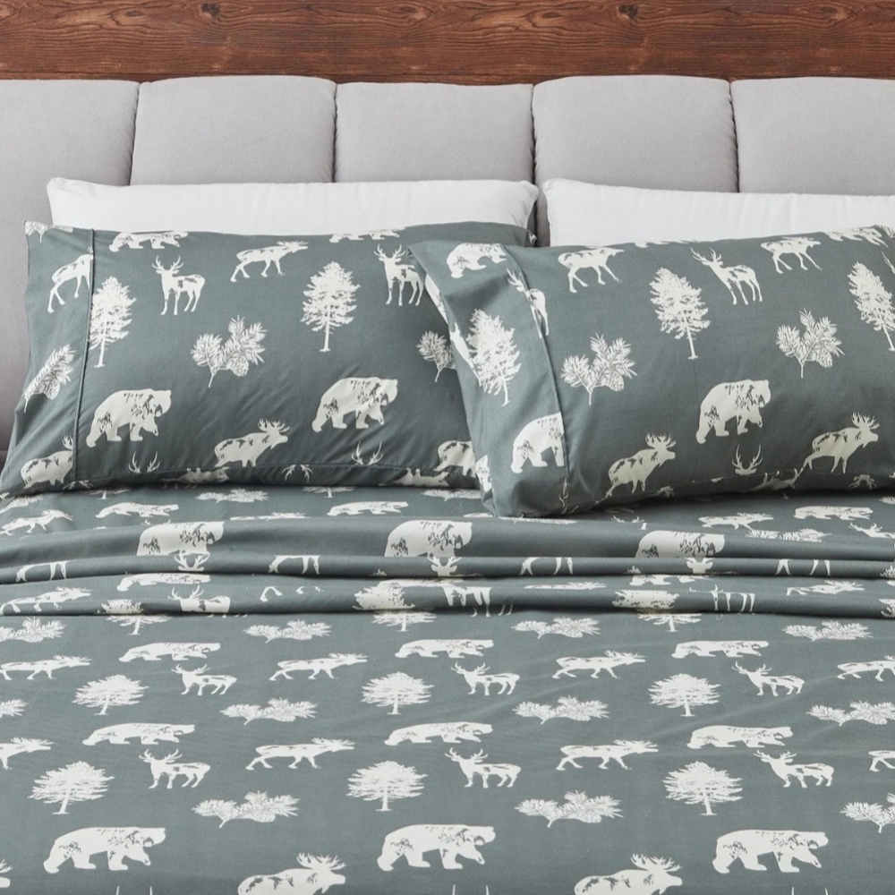 Microfiber Sheet Set Lodge Cabin Decor Bears & Elk & Leaves Full Size